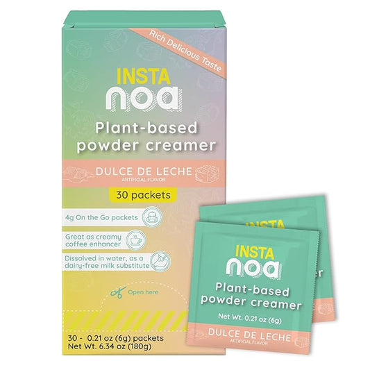 NOA Plant-Based Powder Creamer - Dairy-Free Coconut & Dulce de Leche Flavor, No Sugar, Vegan, Keto-Friendly, Instant Non-Dairy Coffee Enhancer, 30 Sachets of 4g