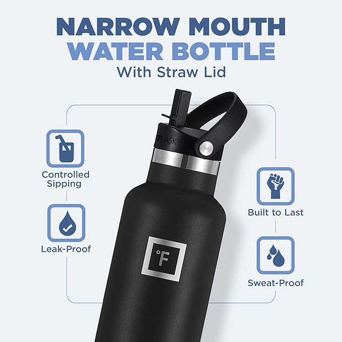 IRON °FLASK Camping & Hiking Hydration Canteens - 3 Lids (Narrow Straw Lid) Leak Proof Vacuum Insulated Stainless Steel - Hot & Cold Double Walled Sports Water Bottle - Midnight Black, 24 Oz