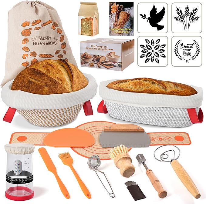 Sourdough Starter Kit, 9' Round Proofing Basket and 10' Oval Proofing Basket, a complete bread-making tool set, essential sourdough bread baking supplies for beginners.