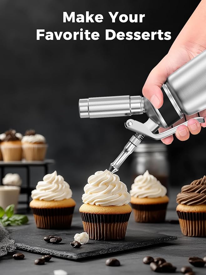 Professional Whipped Cream Dispenser,1L Stainless Steel Cream Whipper with 3 Decorating Nozzles 1Brush 1Storage Bag,Whipped Cream Maker without N2O Charger