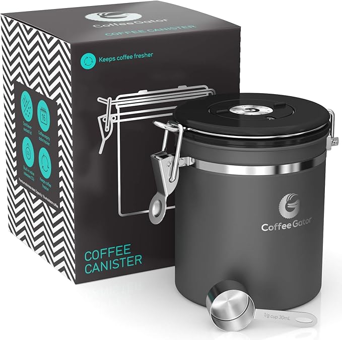 Coffee Gator Coffee Canister Airtight, 16oz Stainless Steel and 4oz Borosilicate Glass Travel Kitchen Food Storage Container with Date Tracker, Scoop for Beans, Ground, Sugar, Tea, Cookies Jars