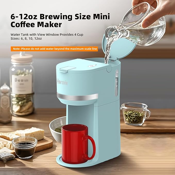 Mini Single Serve Coffee Maker for K Cup and Ground Coffee, Fast Brew One Cup Coffee Machine with Descaling Reminder and Water Window, 6 to 12 oz. Brew Sizes, Light Blue