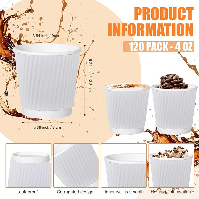 120 Pack Paper Espresso Coffee Cups, 4 oz Disposable Coffee Cups,Corrugated Insulated Ripple Wall, Paper Ripple Cup for Coffee, Hot Chocolate and Hot Tea Drinks -White