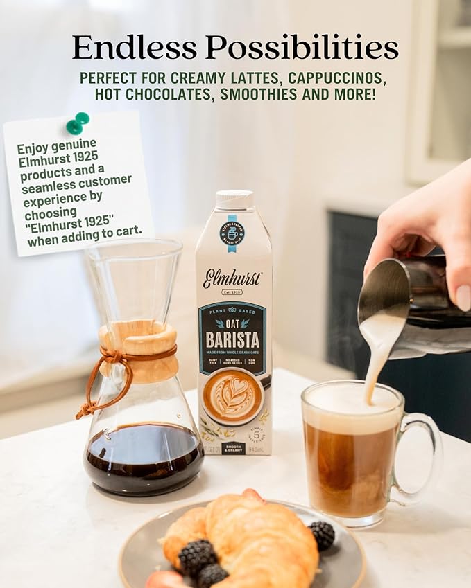Elmhurst 1925 Oat Milk Barista Edition – 32oz (6-Pack) Plant-Based, Vegan, Dairy-Free, Kosher, Gluten-Free, Non-GMO, Froths for Lattes & Iced Coffee, 20g Whole Grains per Serving, Simple Ingredients