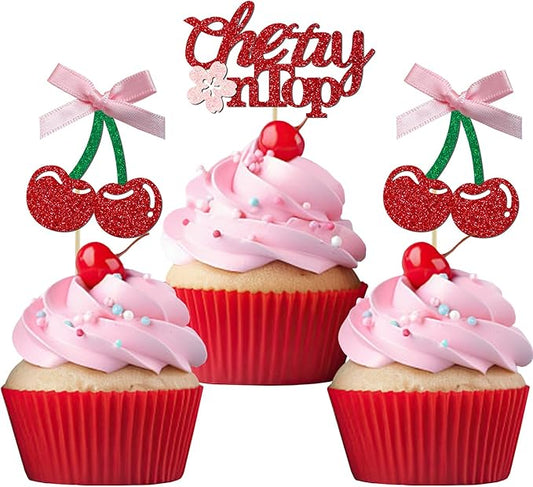 24 Pack She's the Cherry On Top Cupcake Toppers, Glitter Cherry Sweet Cake Pick for Fruits Theme Baby Shower and Bridal Shower Decorations Supplies (Ribbon Top)