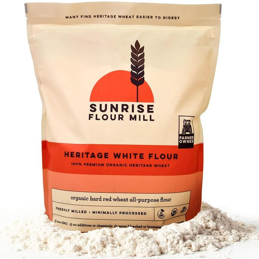 Sunrise Flour Mill Heritage Organic White Flour | USDA Organic All Purpose Flour Unbleached - Non-GMO, Kosher, Glyphosate Free, High Protein for Baking, Unbromated White Wheat (2 Pounds (Pack of 1))