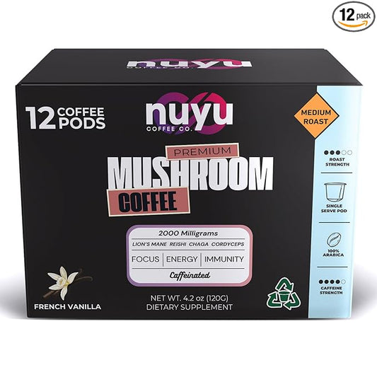 Nuyu Mushroom Coffee Pods, K-Cups, 100% Medium Roast Arabica Coffee with Lion's Mane, Reishi, Chaga, Cordyceps, 2000mg per Pod (12, French Vanilla)