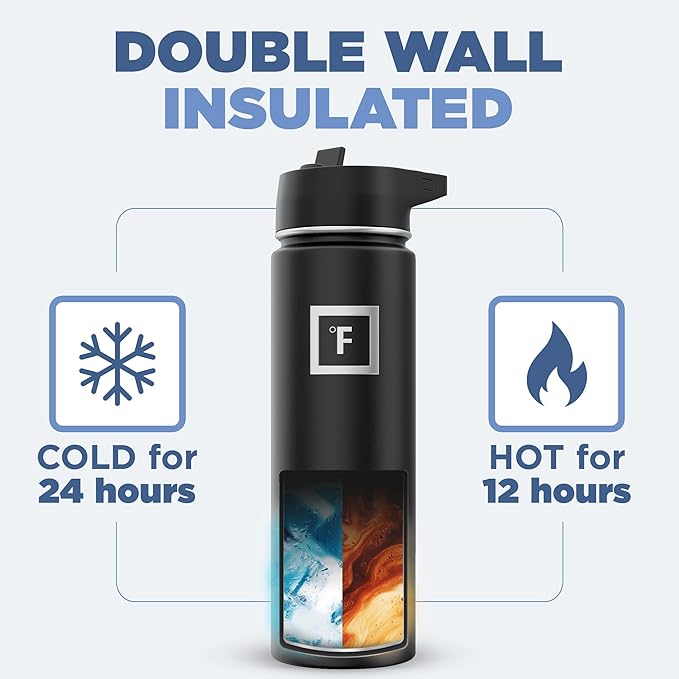 IRON °FLASK Camping & Hiking Hydration Flask with 3 Lids - Stainless Steel, Double Walled & Vacuum Insulated Water Bottle - Leak Proof & BPA Free (Midnight Black, Straw - 22 oz)