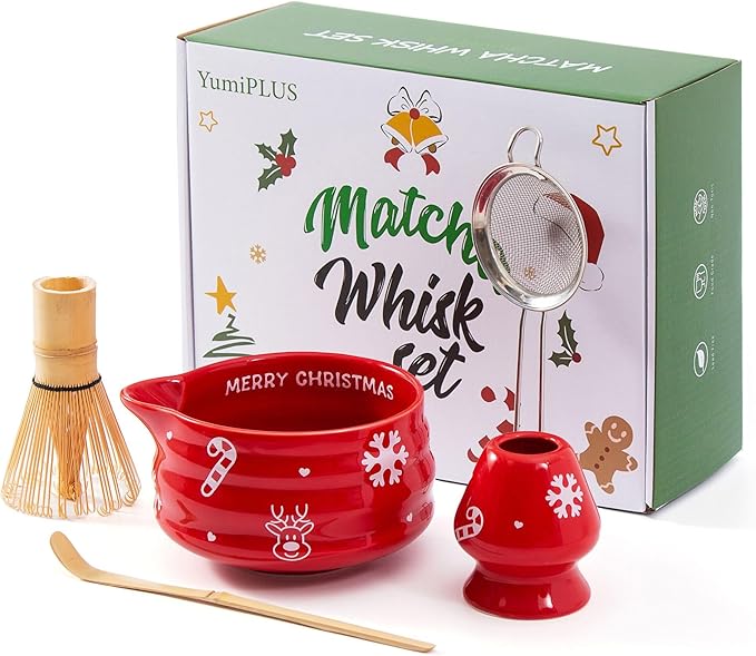 5pcs Premium Matcha Set,Ceramic Bowl with Spout and Bamboo Whisk set, Ceremonical Matcha Kit for breakfast/latte,Tea Starter Making Kit,Christmas Matcha Gift set (Reindeer Red)