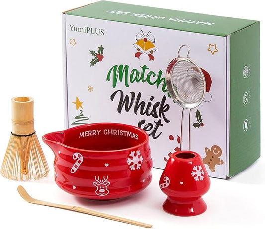 5pcs Premium Matcha Set,Ceramic Bowl with Spout and Bamboo Whisk set, Ceremonical Matcha Kit for breakfast/latte,Tea Starter Making Kit,Christmas Matcha Gift set (Reindeer Red)
