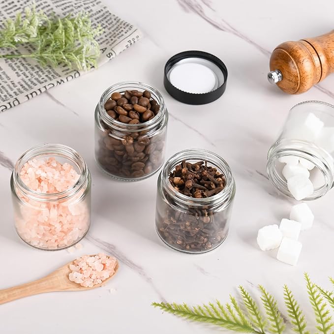 Glass Jars with Lids,Eco-Friendly Cosmetic Containers with Airtight Black Lids & Liners, Multi-Color Options for Cream, Lotion, Body Butter, DIY Skincare Travel Jars (Clear, 4oz)