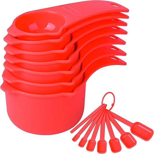 Red Measuring Cups and Spoons Set 15, 7 Plastic Measuring Cup Set, 7 Spice Long Handle Measuring Spoons with 1 Leveler for Kitchen and Baking, Dry Metric Measure Cups & Spoons Set