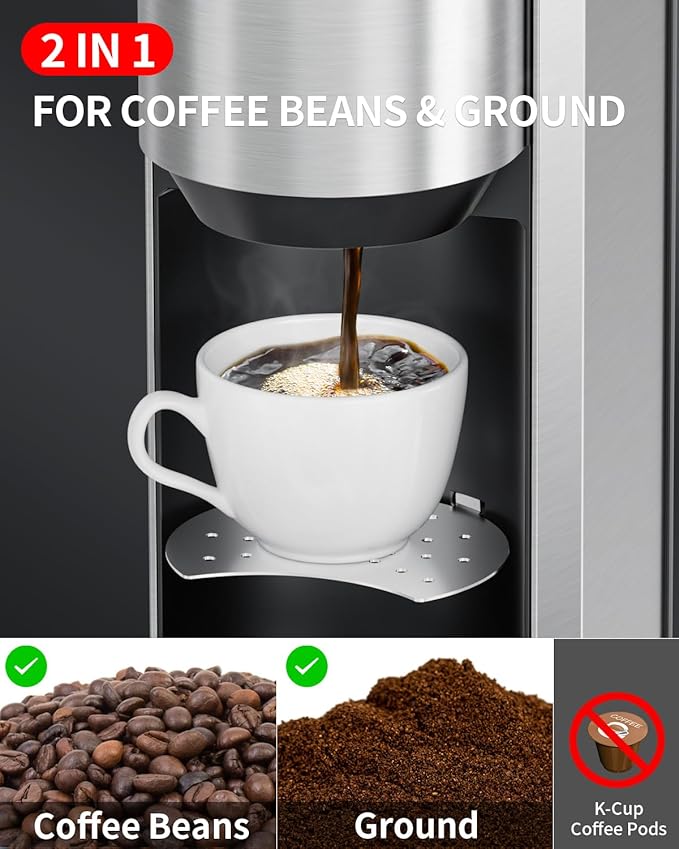 AIRMSEN Single Serve Coffee Maker with Grinder, Grind and Brew All in One - 6-16 Oz Single Cup Coffee Machine with 19 oz Travel Mug - Adjustable Drip Tray, Overheat Protection