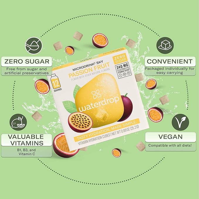 Waterdrop Hydration Cubes, Pineberry, Passion Fruit & Pear, Vitamin C, B1 & B3, On The Go Water Enhancer Drops for Still & Sparkling Water, Low Calorie, Zero Sugar, Gluten Free, Non GMO, Vegan, 24 CT