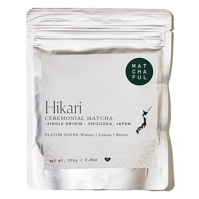 Matchaful - Hikari - Single Origin Ceremonial Matcha - Fine Green Tea Powder, Direct-Trade From Shizuoka, Japan - Smooth and Creamy with Flavor Notes of Walnut, Lemon, Butter - 100g Bag