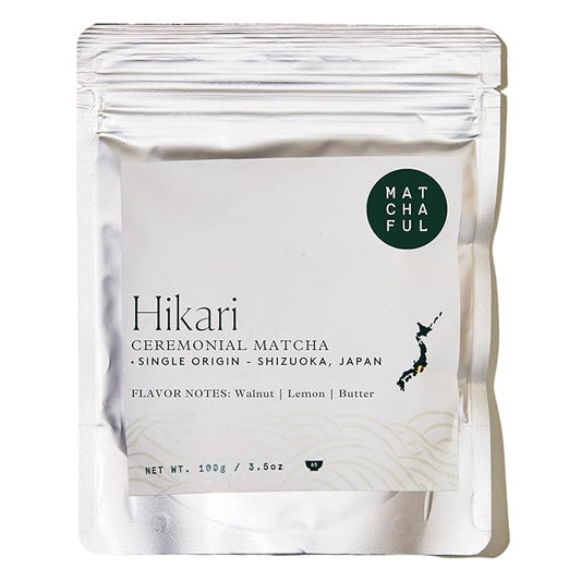 Matchaful - Hikari - Single Origin Ceremonial Matcha - Fine Green Tea Powder, Direct-Trade From Shizuoka, Japan - Smooth and Creamy with Flavor Notes of Walnut, Lemon, Butter - 100g Bag