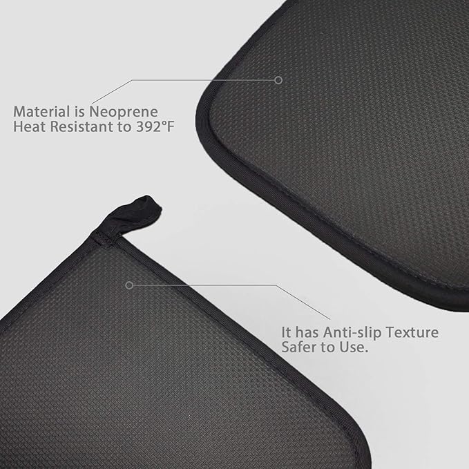 Cotton and Neoprene Oven Pads Pot Holders with Pocket 8"x8.5" Dual-Function Hot Pad Set for Finger Hand Wrist Protection Heat Resistant to 428°F Black