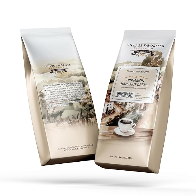 Village Favorites Flavored Coffee – Low Acid, Mold-Free, 100% Arabica, Slow Roasted Medium Roast, Smooth & Stomach Friendly, Ground, 1LB Bag (16oz)- Kosher (16oz, Cinnamon Hazelnut Crème)