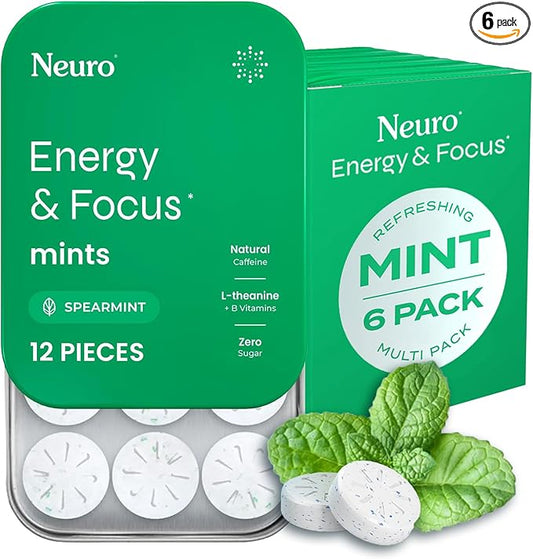 Neuro Energy & Focus Mints - Sugar Free Breath Mints with 80mg Natural Caffeine, B Vitamins & L-Theanine - Vegan Brain Supplement for Exercise, Study & Daily Focus - Spearmint, 72 ct