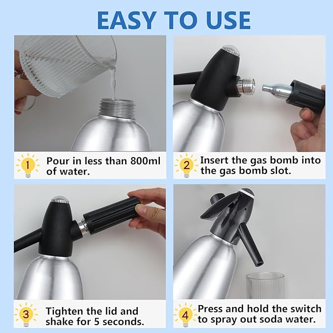 Soda Siphon,1L Soda Maker Portable Sparkling Water Maker for Home & Outdoor, Aluminium Carbonated Water Machines, Seltzer Water Maker for Making Soda,Cocktails, Use 8g CO2 Cartridges (Not Included)