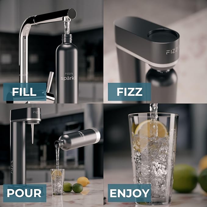 Black Sparkling Soda Water Maker with 2 CO2 Cylinders & 2 Stainless Steel Reusable Bottles, Includes 1 x Black Stainless Reusable Bottle & 1 x White Stainless Reusable Bottle