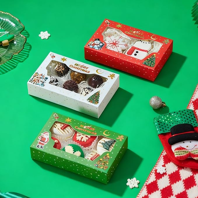 12 Pack 7x4.3x1.5Inch Green/Red/White Christmas Cookie Gift Boxes Clear Window Ideal for Packaging Cookie Macaron Cake Pop Chocolate Truffles Donut Pie Treat Boxes for Christmas for Gift-Giving
