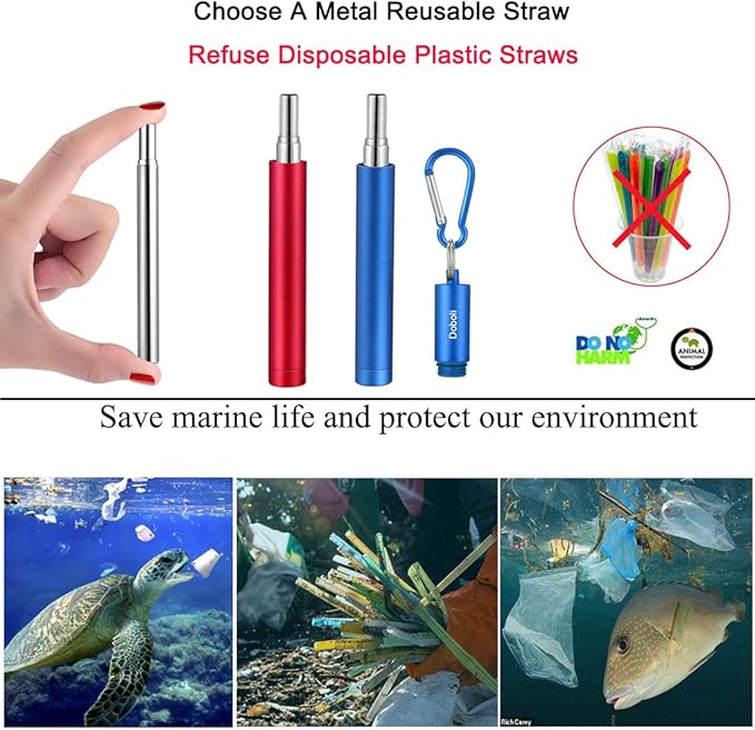 2 Pack Reusable Metal Straws Collapsible Stainless Steel Drinking Straw Travel Portable Telescopic Straw with Case,2 Cleaning Brushes Included Red/Blue