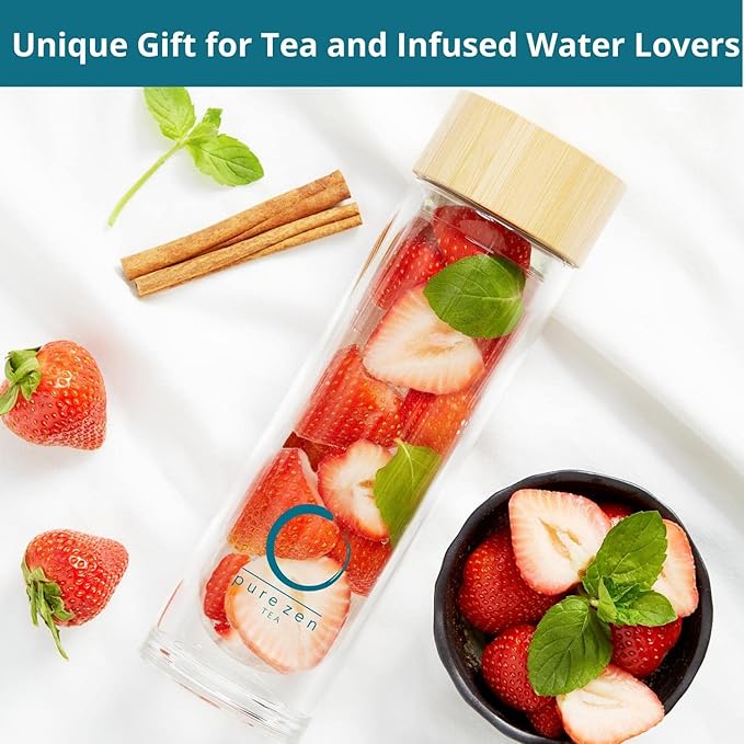Pure Zen Tea Infuser Bottle - Insulated Glass Bottle for Loose Leaf Infusions - Tea Tumbler with Infuser - Portable Travel Mug for Infused Water - Thermos with Diffuser on the Go - 15 oz
