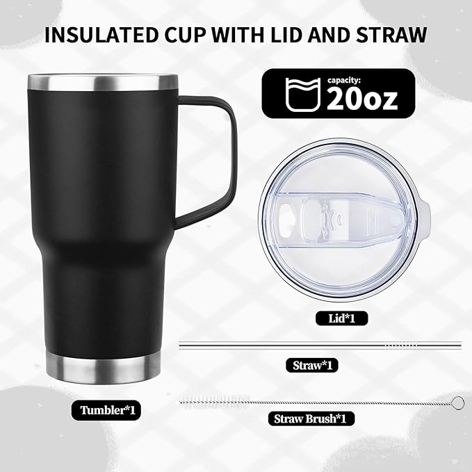20oz Insulated Tumbler with Handle Stainless Steel Travel Coffee Mug with Lid and Straw Double Wall Vacuum Leak-proof Reusable Thermal Water Cup for Hot and Cold Drinks (Multicolor-1,4 Pack)