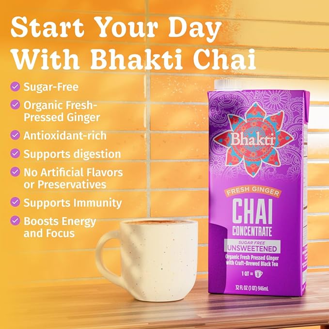 Bhakti Chai Tea Concentrate | Sugar-Free, Fresh Organic Ginger, Black Tea, Spiced, Dairy-Free, Vegan (Pack of 6)