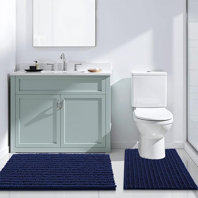 Arotive Luxury Chenille Bathroom Rug Mat, Extra Soft Thick Absorbent Shaggy Bath Rugs, Non-Slip Machine Wash Dry, Plush Bath Mats for Bathroom, Shower and Tub, 44x32, Navy