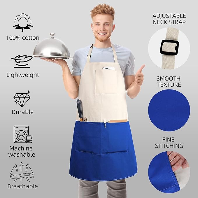 Chef Apron Unisex Two-Tone Professional Kitchen Bib Apron with 2 Pockets Cooking, Grilling, and Baking Gift