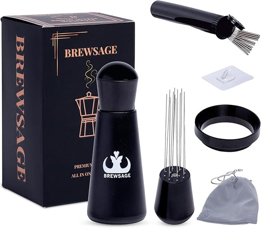Espresso Accessories Kit – WDT Distribution Tool & 58mm Espresso Dosing Funnel for Baristas – 0.35mm Needle Stirrer with Extra Replaceable Needles, Handle & Storage Pouch