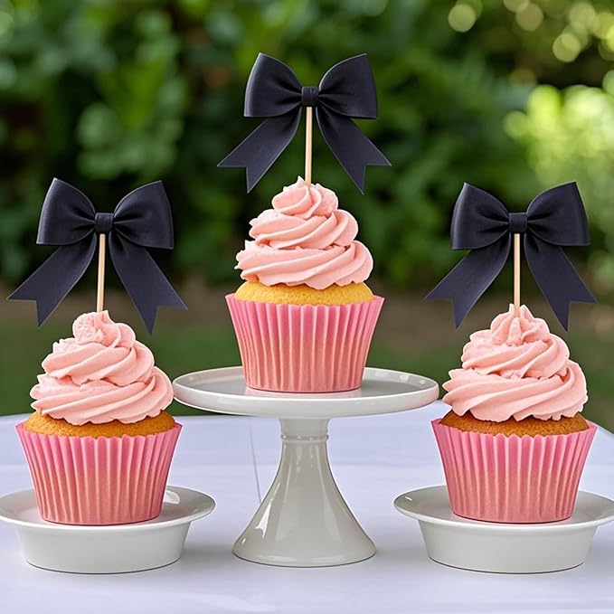 24Pcs Bow Cupcake Toppers - Black Bow Cake Topper Birthday Decorations, Bowknot Cupcake Picks for Coquette Bow Theme Party Decoration Bachelorette Bridal Engagement Wedding Baby Shower Party Decor