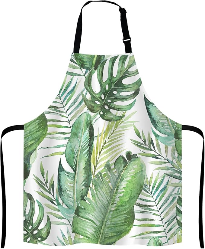 Green tropical palm & fern leaves Adjustable Bib Apron, Tropical Palm Leaves Cooking Kitchen Apron for Men Women