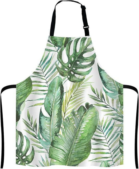 Green tropical palm & fern leaves Adjustable Bib Apron, Tropical Palm Leaves Cooking Kitchen Apron for Men Women