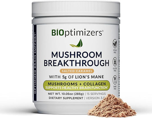 BIOptimizers Mushroom Coffee Alternative – Salted Caramel Drink – Lion’s Mane, Chaga, Reishi + Collagen Peptides for Focus, Energy & Gut Health – Adaptogenic Mushrooms & MCT Powder – 15 Servings