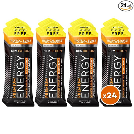 NewTrition® Extra Strength Energy Shots, 250mg Caffeine Energy Shots with Vitamin B & Amino Acids, Sugar-Free Vitamin Energy Shot, 1.7 fl oz (Pack of 24, Tropical Burst)