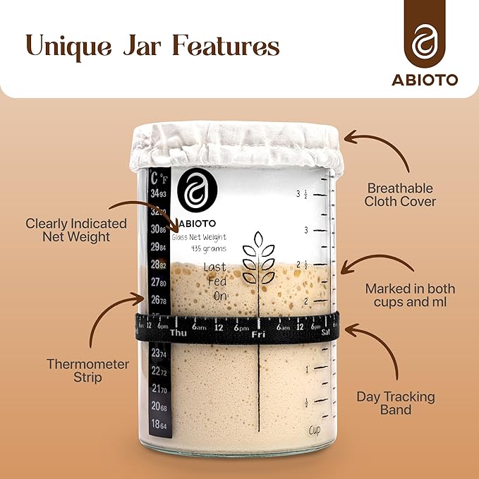 Sourdough Proofing Basket and Starter Jar Kit – 3.3 LB Round Wood Pulp Banneton with Waffle Pattern (Made in Germany) and 34 oz Sourdough Starter Jar, Thermometer Strips & Spatula – Bread Proofing Set
