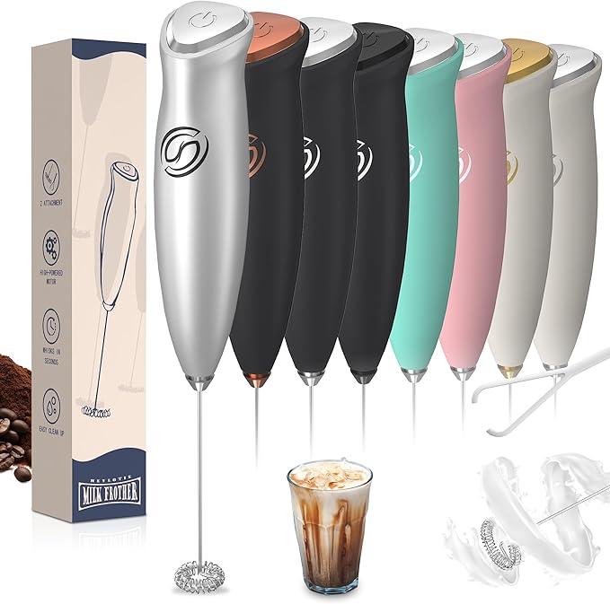 Milk Frother Handheld Frother Wand Drink Mixer Handheld Coffee Stirrers Electric Frother for Coffee Mixer Wand with 2 Whisk frother for protein powder coffee frother handheld-Silver