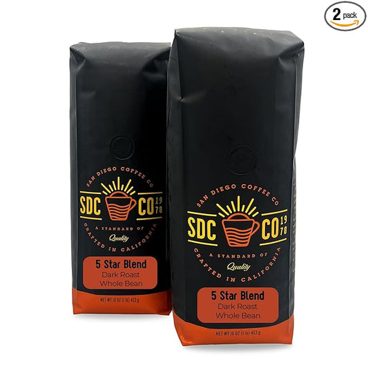 San Diego Coffee 5 Star Blend, Dark Roast, Whole Bean Coffee, 16-Ounce Bags (Pack of 2) Café en grano tostado