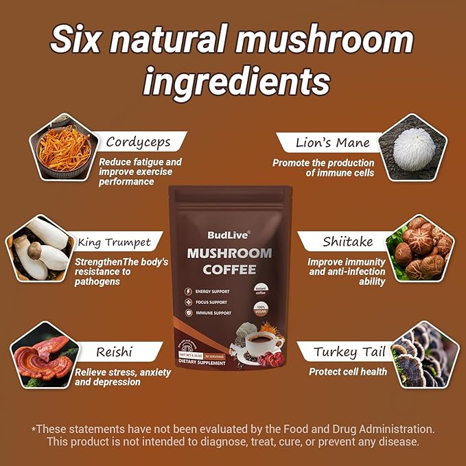 Organic Mushroom Coffee with Lion's Mane, Reishi & Cordyceps – 6 Mushroom Adaptogen Blend for Focus, Energy, Digestion & Immune Support, Low Acid Instant Coffee Powder, 30 Servings