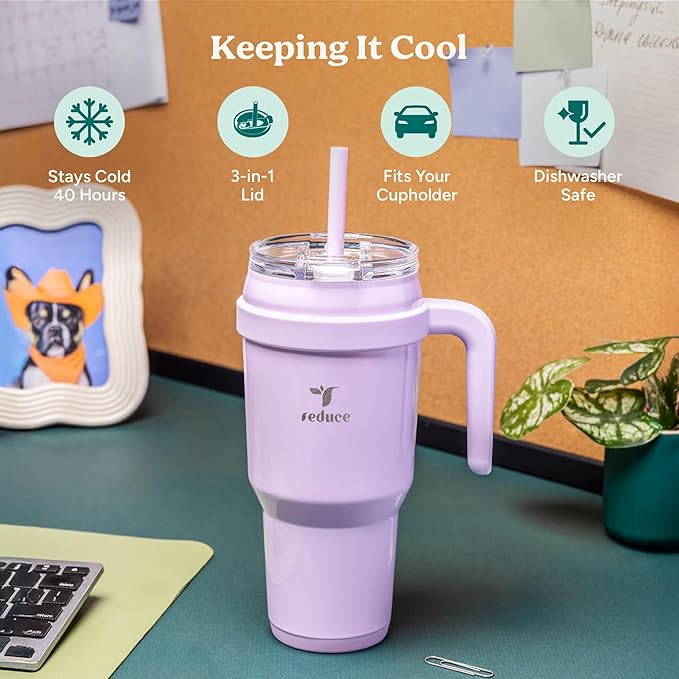 REDUCE Cold1 40 oz Tumbler with Handle - Vacuum Insulated Stainless Steel Water Bottle for Home, Office or Car, Reusable Mug with Straw or Leakproof Flip Lid, Keeps Drinks Cold All Day-Gloss Sea Glass