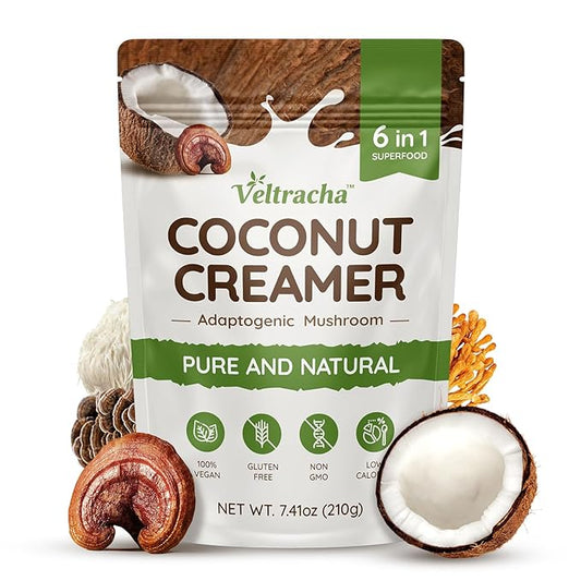 Veltracha Mushroom Coffee Creamer, Superfood Coconut Creamer Powder with 6 Adaptogenic Mushrooms - Reishi, Turkey Tail, Lions Mane, Non-Dairy Coconut Powdered Creamer for Energy & Focus & Digestion, 30 Servings