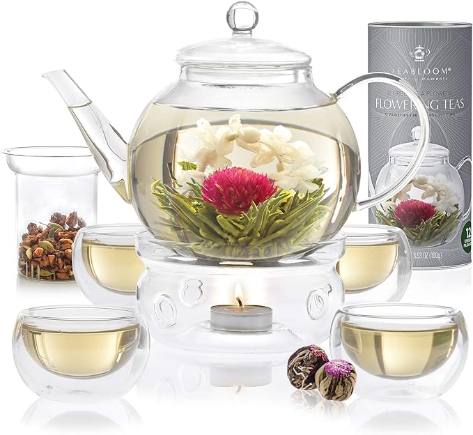 Teabloom Complete Tea Set – Glass Teapot (40 oz), Loose Tea Glass Infuser, 4 Insulated Glass Teacups, Tea Warmer, and 12 Flowering Teas – Elegant Blooming Tea Gift Set