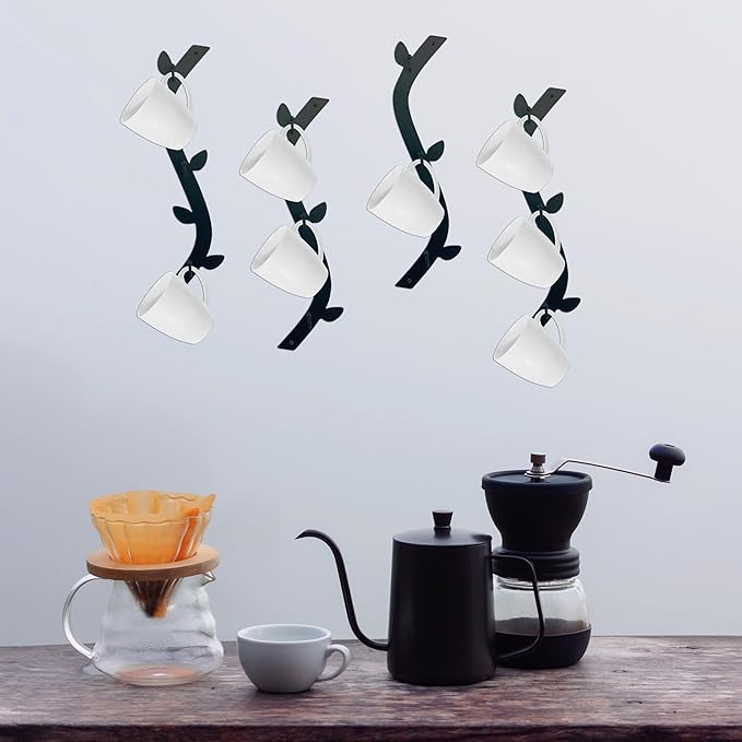 Ecqizer Coffee Mug Wall Rack - Metal Cup Holder Tree for Bar Decor - 4pcs Black Mounted Rack
