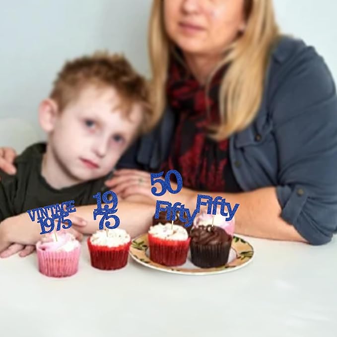 Gyufise 24Pcs Vintage 1975 Cupcake Toppers Cheers to 50 Fabulous Fifty Cupcake Picks 50th Birthday Wedding Anniversary Party Cake Decorations Supplies Deep Blue