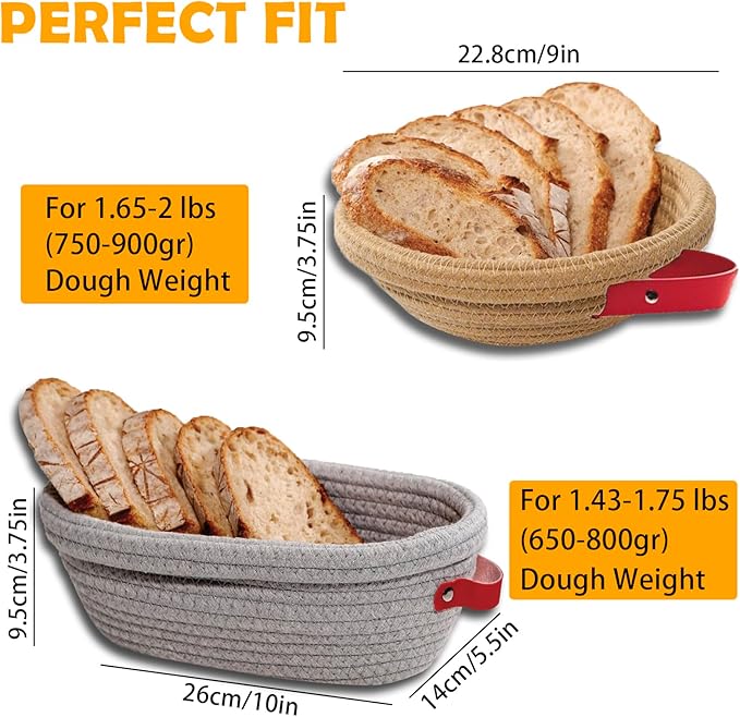 Handmade Cotton Rope Banneton Bread Proofing Basket Set,Oval & Round Bread Baskets - With Liner & Cloth Cover，for Home Sourdough Bakers Baking