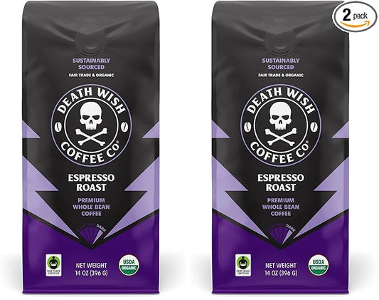 Death Wish Coffee, Whole Bean Espresso Roast - Organic, Fair Trade, Arabica and Robusta Coffee Beans, 14 ounce (Pack of 2)