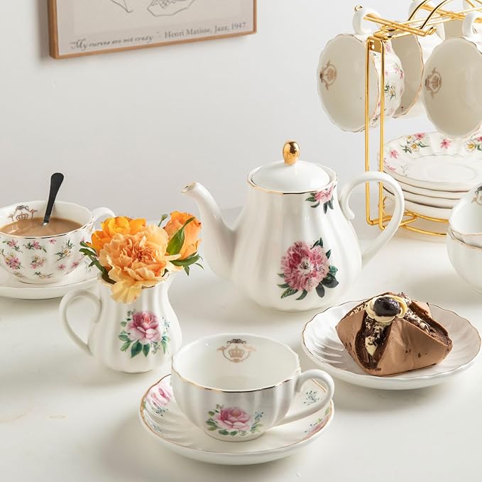 Porcelain Tea Sets British Royal Series, 8 OZ Cups & Saucer Service for 6, with Teapot Sugar Bowl Cream Pitcher Teaspoons and Tea Strainer, Suitable for High Tea, Wedding, Party (Midsummer Rose)